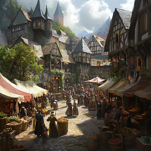 Photo a bustling medieval marketplace with vendors townsfolk and craftsmen