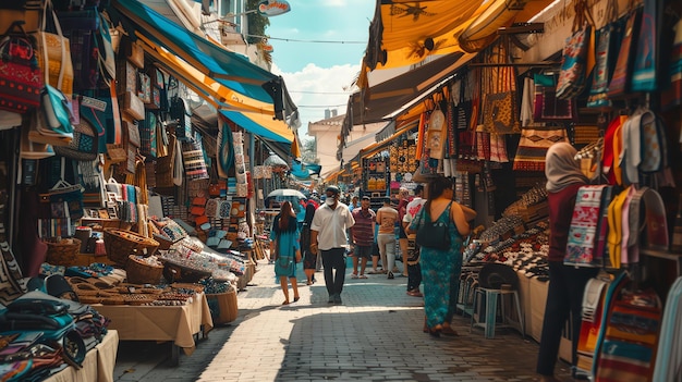 A bustling Middle Eastern market with colorful stalls and shoppers The market is full of people buying and selling goods