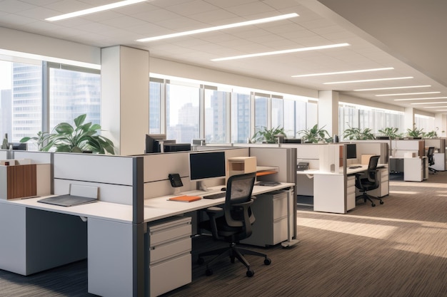 A bustling office filled with numerous cubicles and desks ideal for fostering productivity and collaboration among employees Cubicle workstations in a modern office tower AI Generated