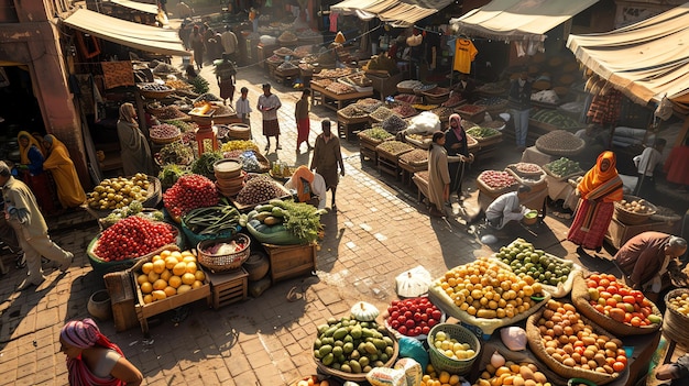 A bustling openair market with colorful stalls selling fresh produce spices and other goods