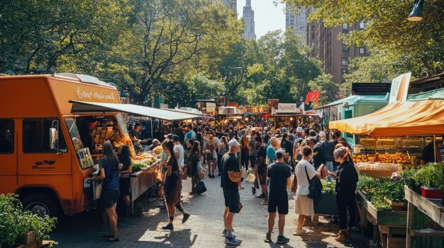 Photo a bustling outdoor market filled with food vendors and shoppers on a sunny day