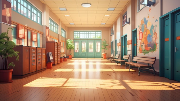 a bustling school hallway filled with lockers