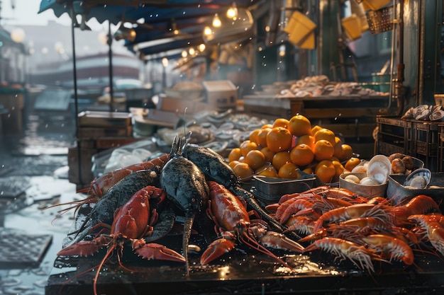 Photo bustling seafood market full of vendors and fresh catches of the day