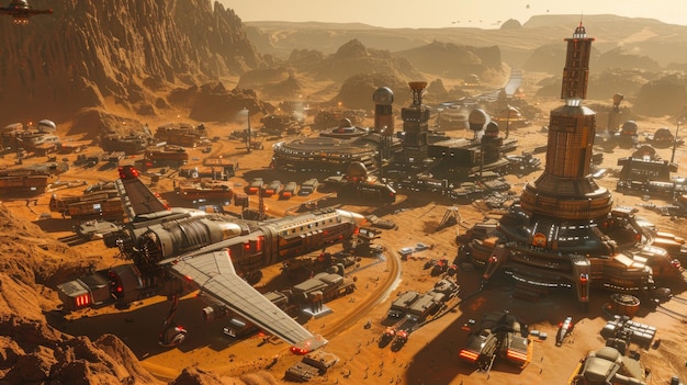 Bustling Spaceport in Mars Colony Central Hub for Solar System Exploration and Trade