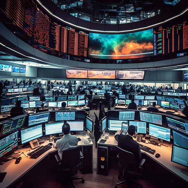 A bustling stock market trading floor with traders monitoring screens and making deals amidst the ex