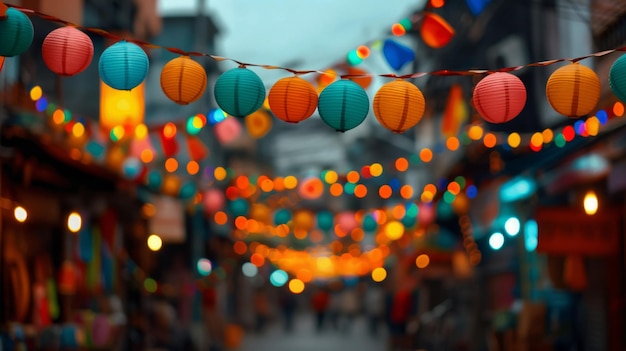 A bustling street festival decorated with vibrant lanterns and twinkling lights