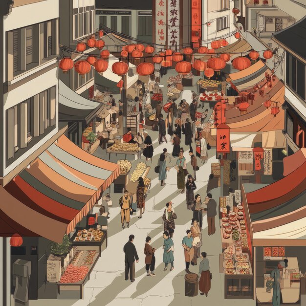 A bustling street market in Asia with red lanterns stalls and people shopping and browsing