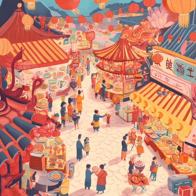 A bustling street market with food stalls lanterns and shoppers