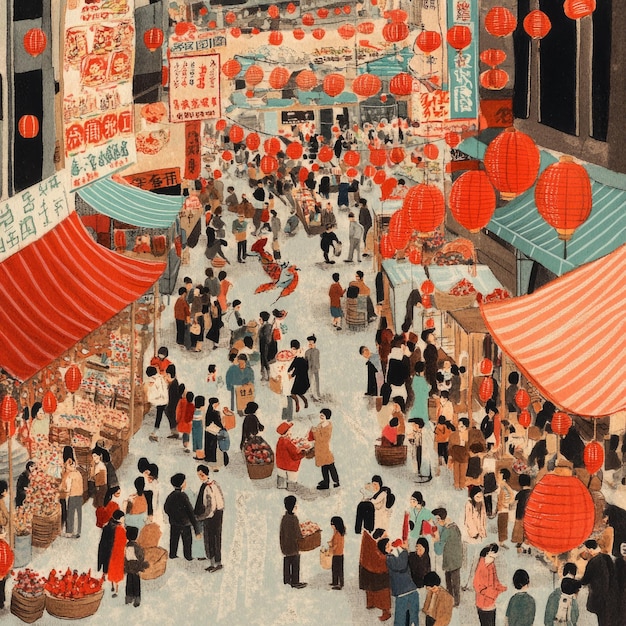 A bustling street market with red lanterns and people shopping surrounded by colorful stalls