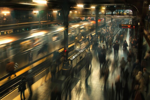 Photo a bustling subway station with blurred figures and moving trains capturing the energy and chaos of city life