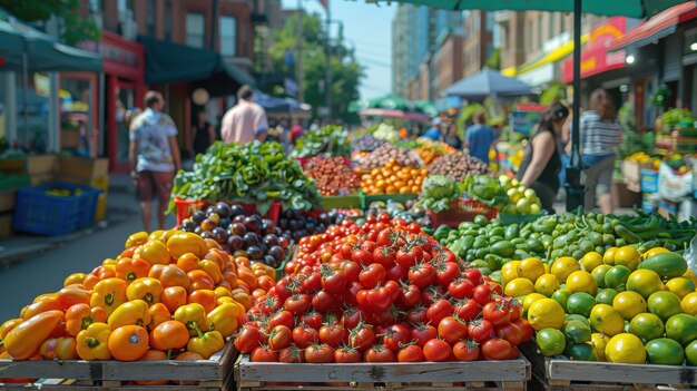 Bustling Summer Street Market with Fresh Produce Vendors and Vibrant Atmosphere on a Sunny Day