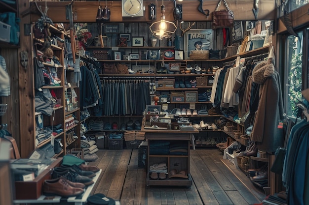 Bustling Thrift Store Interior with Vintage Clothes and Accessories