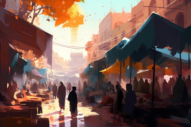 A bustling traditional Arab market digital art illustration