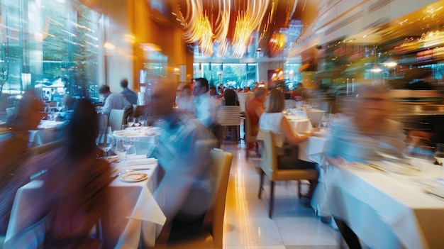 A bustling upscale restaurant scene with patrons dining under dynamic glowing chandelier lights creating a lively atmosphere