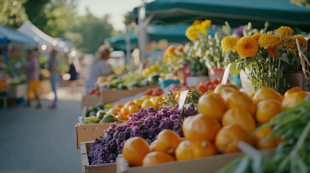 Photo a bustling urban farmers market full of fresh produce and community life