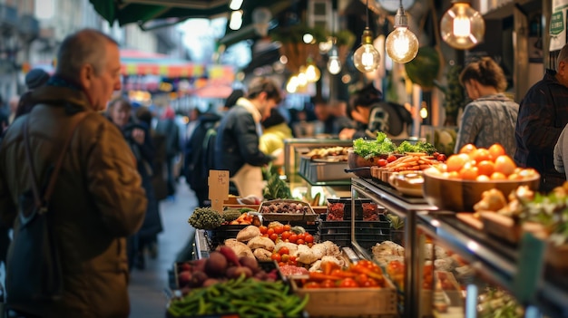 a bustling urban food market with vendors selling international cuisines and customers enjoying the