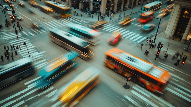 Photo a bustling urban intersection with blurred motion of vehicles and pedestrians