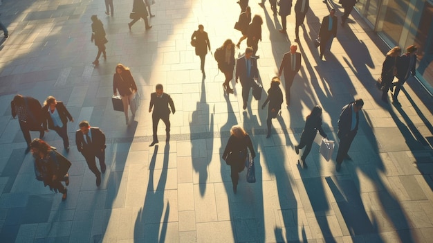 Bustling urban life captured from above as shadows stretch in the golden hour