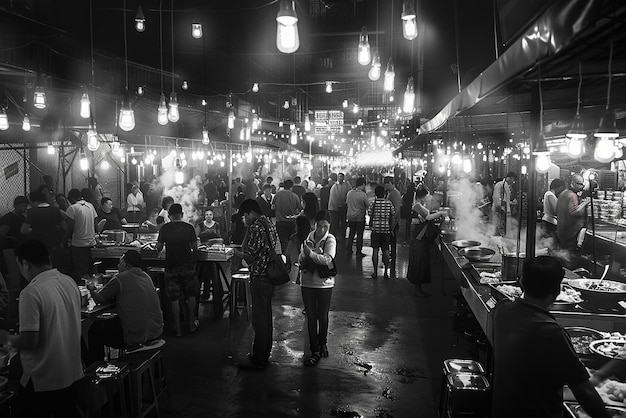 Bustling Urban Night Market in Monochrome