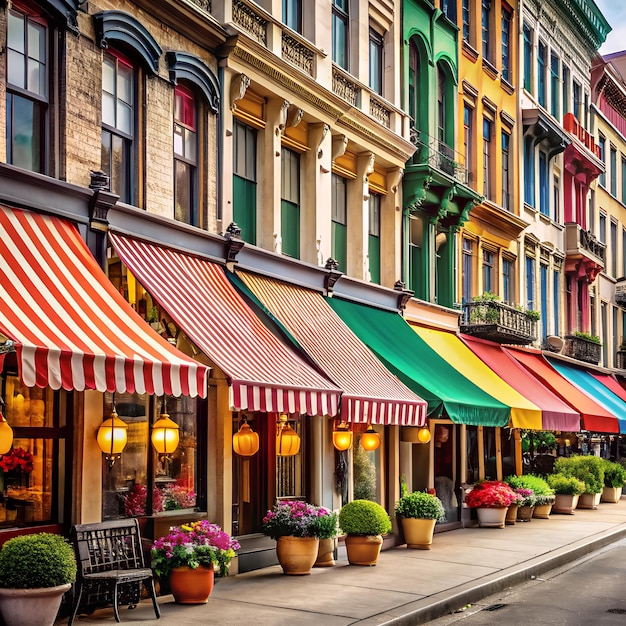 Photo bustling urban street lined with shops each with unique awnings in various colors and designs