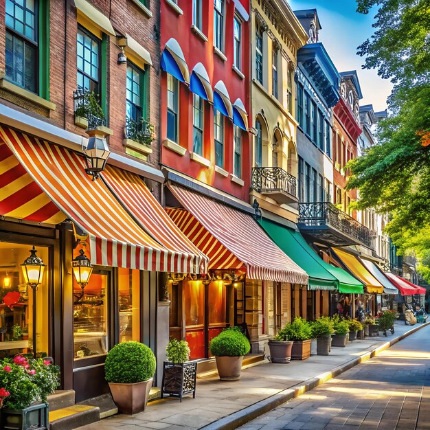 Photo bustling urban street lined with shops each with unique awnings in various colors and designs