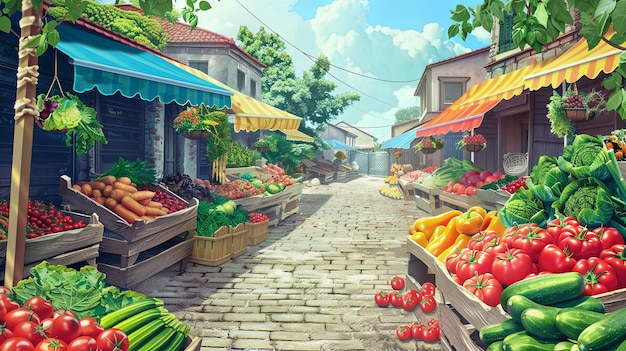 A bustling vegetable market scene perfect for fresh produce vendors features vibrant market stalls