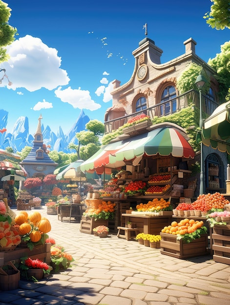 A bustling and vibrant summer market with stalls filled with fresh fruits vegetables and colorful