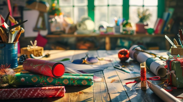 Photo a bustling workspace filled with holiday wrapping supplies and decorations evoking the joy and creativity of giftgiving season