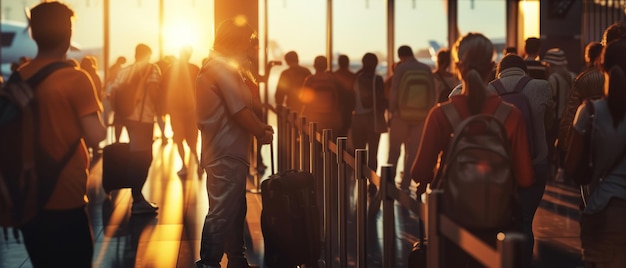 Busy airport scene with travelers silhouetted against a sunset depicting transit and journeys