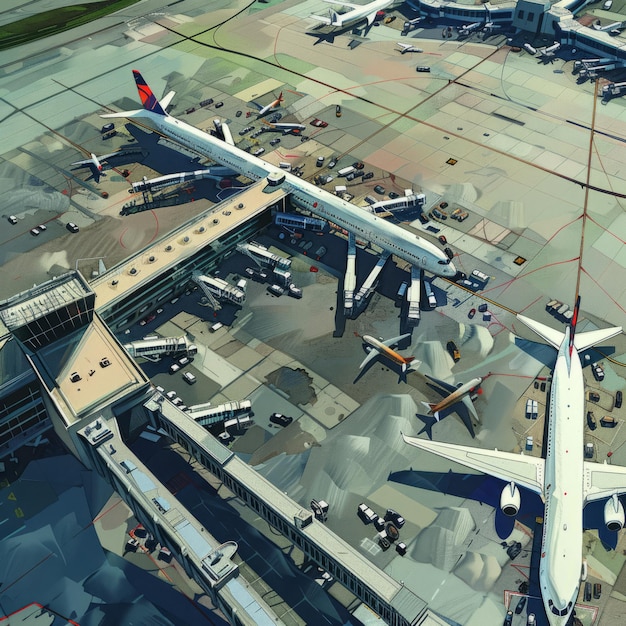 A busy airport with several airplanes parked on the tarmac