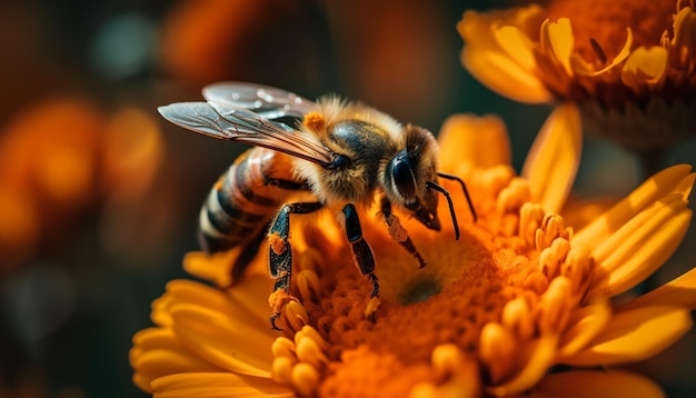 Busy bees working picking up pollen Beauty in nature generated by AI