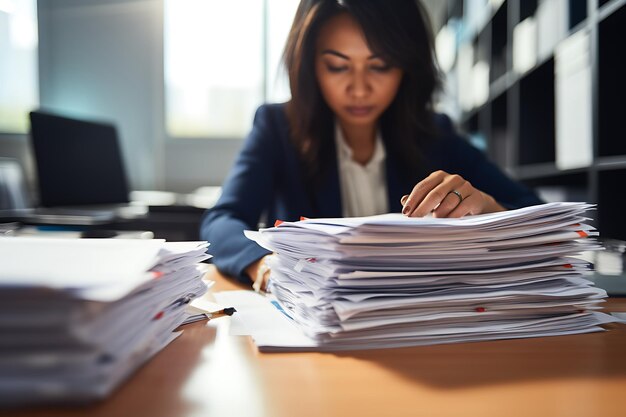 Busy businesswoman working in office she is overloaded with paperwork