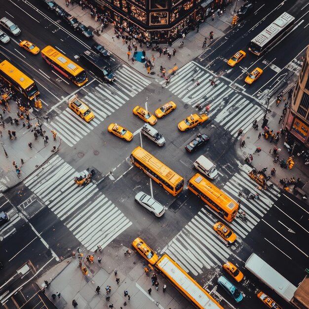 Photo busy city intersection with yellow cabs buses and pedestrians