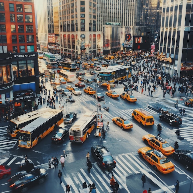 A busy city intersection with yellow taxis buses and pedestrians