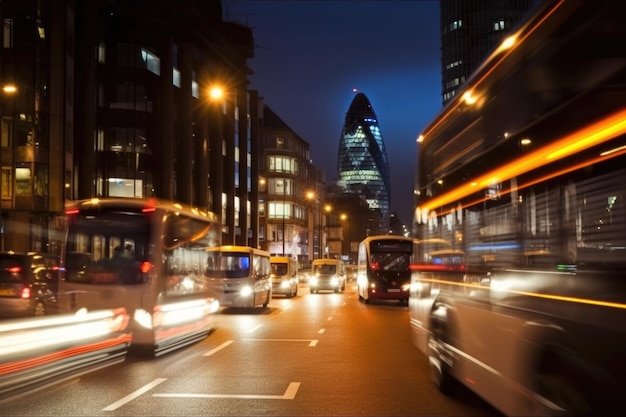 Busy city street at night fast cars and bus in blur motion Generative AI AIG18