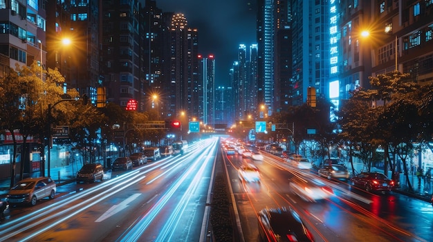 A busy city street at night with cars driving down the road The street is lit up with bright lights