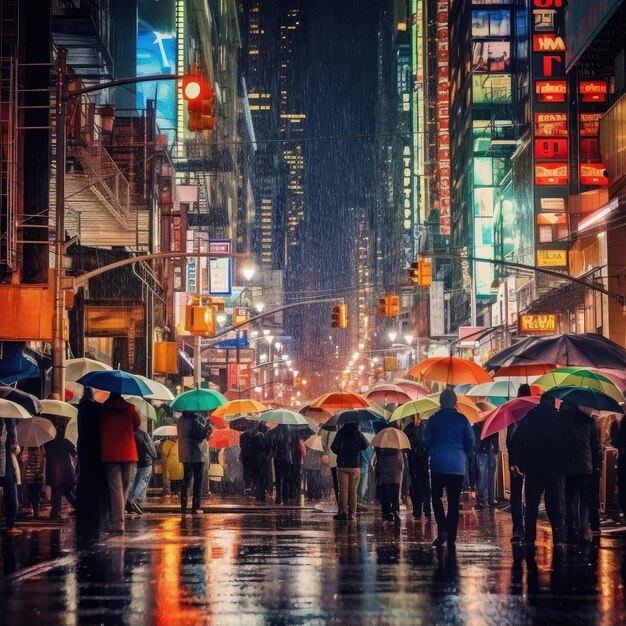 Busy city street at night with people walking in the rain under colorful neon reflections