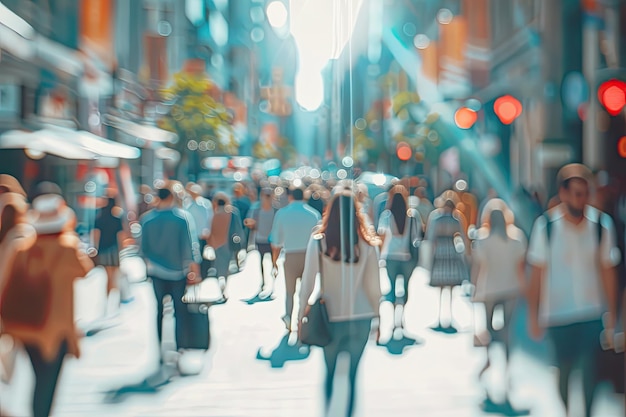 Busy City Street Scene with Crowds of People Shopping and Walking