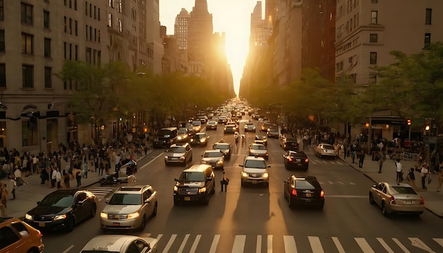 a busy city street with cars and a sun setting behind them