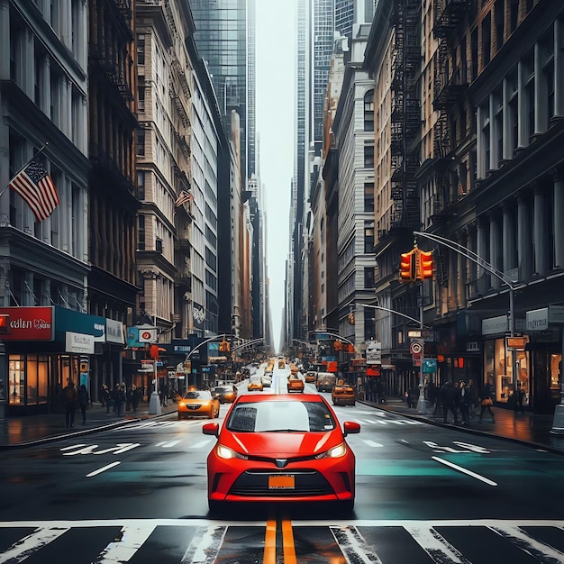 A busy city street with a red car driving down of the road