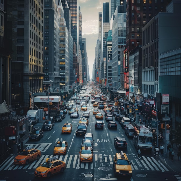 A busy city street with taxis and cars driving down the road