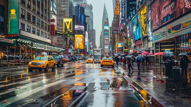 a busy city street with a yellow taxi cab driving down it