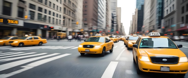 A busy city street with yellow taxi cabs speeding through the intersection