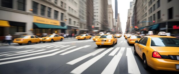 A busy city street with yellow taxi cabs speeding through the intersection