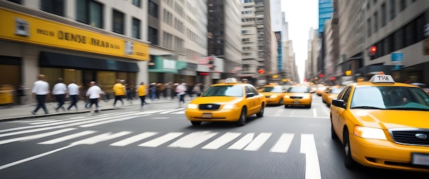 A busy city street with yellow taxi cabs speeding through the intersection