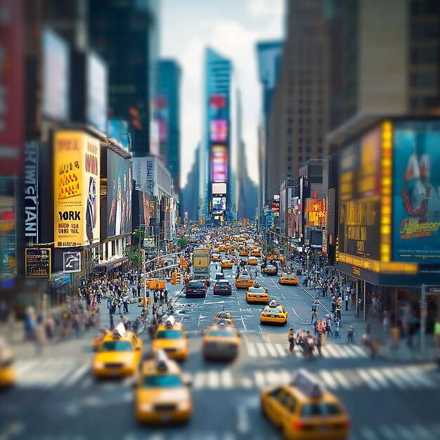 Busy city street yellow car with high rise buildings can be seen more tiltshift photography