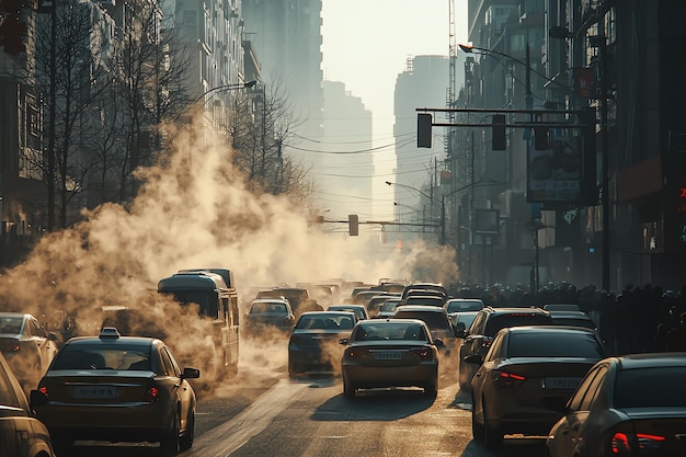 Photo busy city traffic during rush hour with rising steam and dense congestion in a foggy downtown