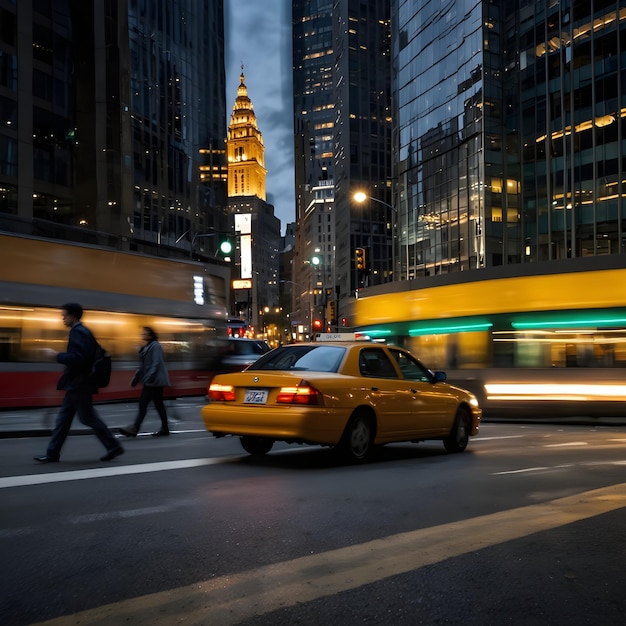 A Busy city view a yellow taxi is driving down a busy street with a yellow taxi