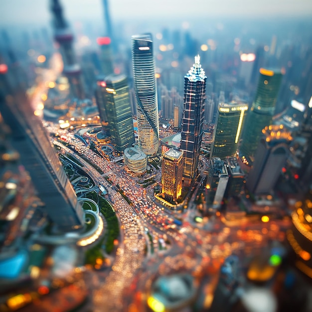 A busy city with tall buildings tiltshift photography