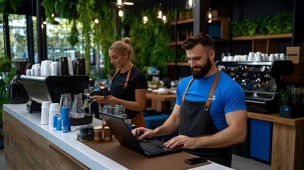 Busy Coffeehouse in Business District with Professionals Working on Laptops